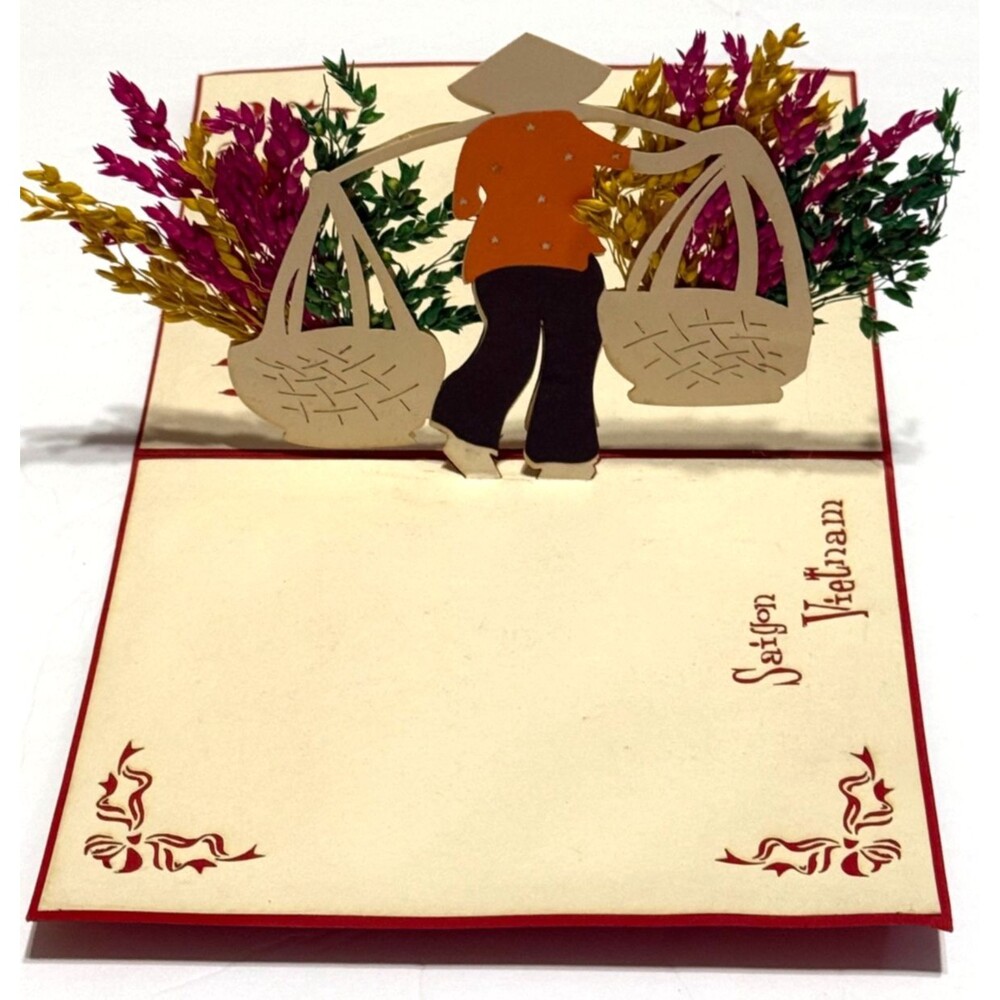 3D Pop Up Artisan Hand Cut Paper Saigon Vietnam Red Cream Birthday Greeting Card